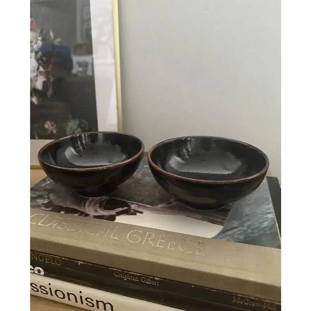 Set of 2 Japanese Tea Bowls Chawan Dark Tenmoku Glaze Black & Brown Glossy